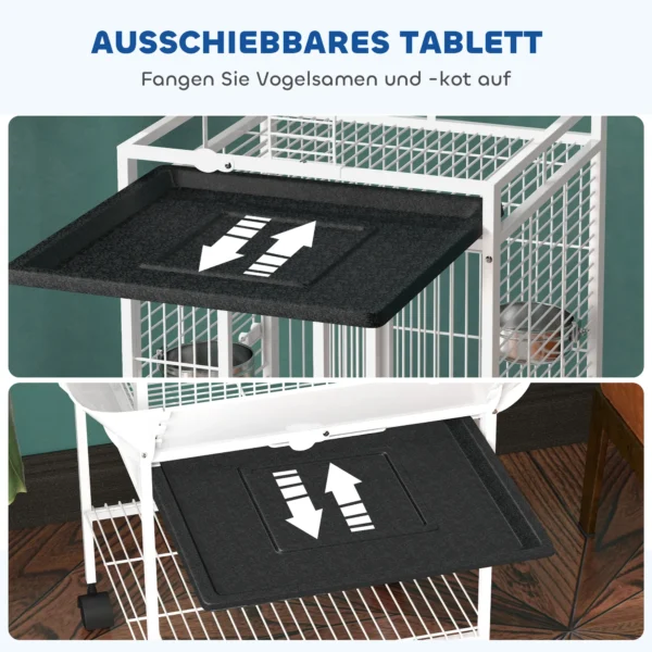Vogelkooi, Papegaaienkooi Met 3 Deuren, 2 Zitstokken, 360° Wielen, Voerbak, Opslag, Vrije Zitplaats, 62,5x62,5x156cm, Wit