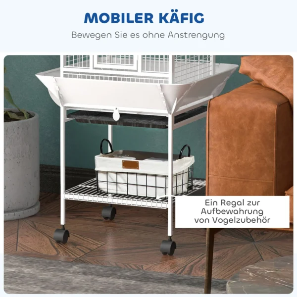 Vogelkooi, Papegaaienkooi Met 3 Deuren, 2 Zitstokken, 360° Wielen, Voerbak, Opslag, Vrije Zitplaats, 62,5x62,5x156cm, Wit
