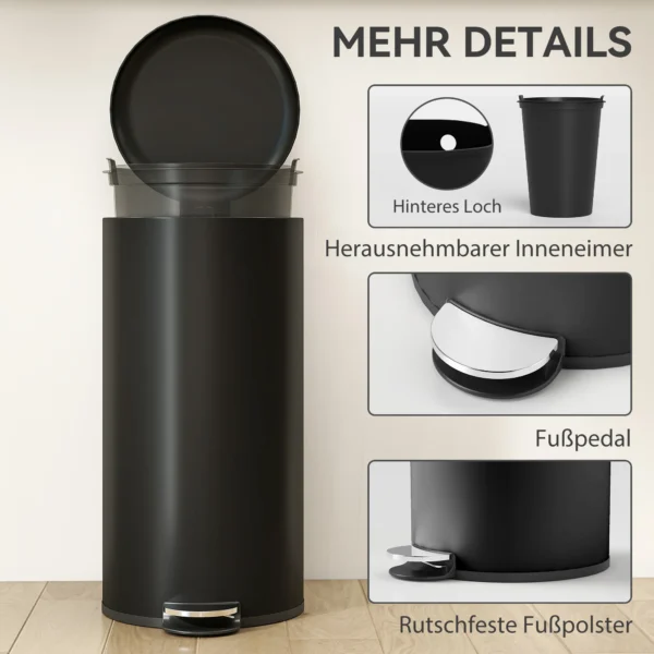 Vuilnisbak 30L Pedaalemmer Afvalemmer Met Deksel Voetpedaal Binnenemmer, Soft Close Functie 36 X 30 X 63,5 Cm, Zwart