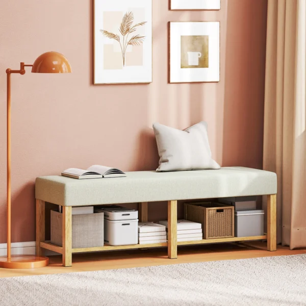 140 Cm Schoenenbank Van Massief Hout, Moderne Gangbank Met Gestoffeerde Zitting Voor Twee Personen, Natuurhout En Crèmewit