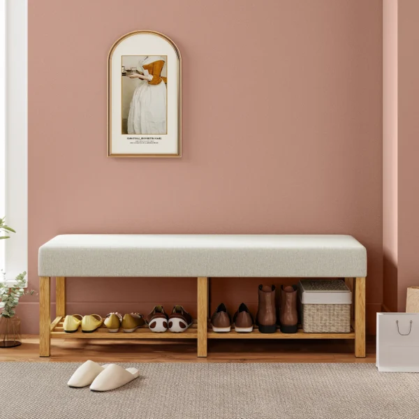 140 Cm Schoenenbank Van Massief Hout, Moderne Gangbank Met Gestoffeerde Zitting Voor Twee Personen, Natuurhout En Crèmewit