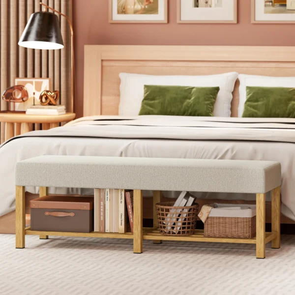 140 Cm Schoenenbank Van Massief Hout, Moderne Gangbank Met Gestoffeerde Zitting Voor Twee Personen, Natuurhout En Crèmewit