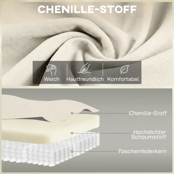 146 Cm Tweezitsbank, Chenille Bank Met Dubbele Laag Bekleding, Verenkussens, Diepe Zit, Hoge Rugleuning, Crème