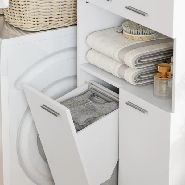 174 Cm Hoge Badkamerkast Met Uitklapbare Wasmand En Soft close Deuren, Wit