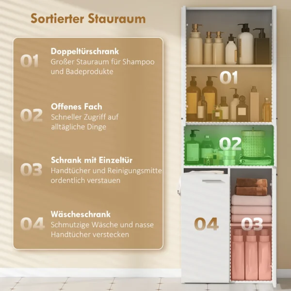 174 Cm Hoge Badkamerkast Met Uitklapbare Wasmand En Soft close Deuren, Wit