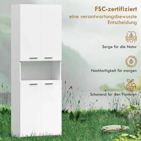 174 Cm Hoge Badkamerkast Met Uitklapbare Wasmand En Soft close Deuren, Wit