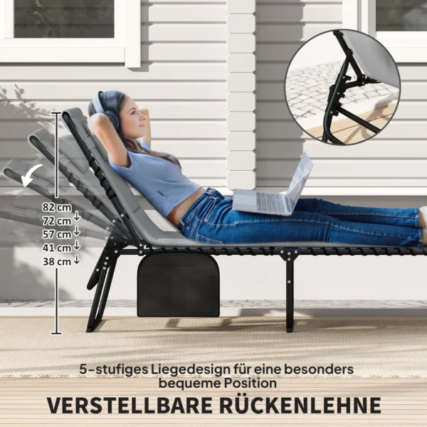 2 delige Set Opvouwbare Zonneligstoel Tuinligstoel Met Hoofdkussen 5 voudig Verstelbare Rugleuning Zijtas Donkergrijs