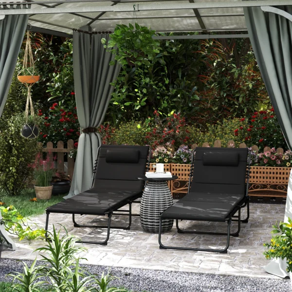 2 delige Set Opvouwbare Zonneligstoel Tuinligstoel Met Hoofdkussen 5 voudig Verstelbare Rugleuning Zijtas Zwart