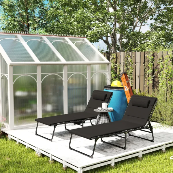 2 delige Set Opvouwbare Zonneligstoel Tuinligstoel Met Hoofdkussen 5 voudig Verstelbare Rugleuning Zijtas Zwart