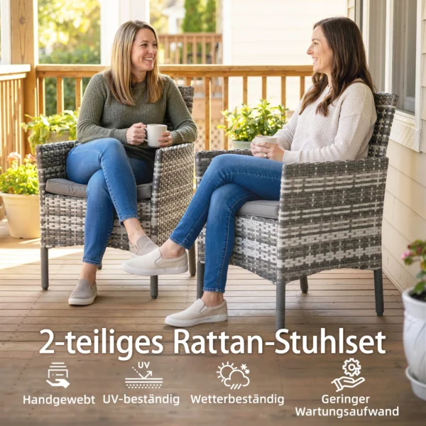 2 delige Set Tuinstoel Polyrattan Tuinmeubilair Met 2 Fauteuils Afneembare Kussens Stalen Frame Grijs