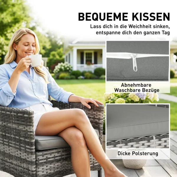 2 delige Set Tuinstoel Polyrattan Tuinmeubilair Met 2 Fauteuils Afneembare Kussens Stalen Frame Grijs