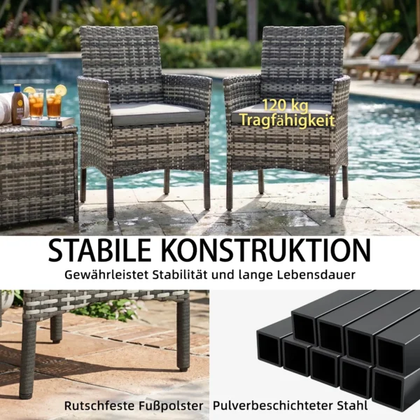 2 delige Set Tuinstoel Polyrattan Tuinmeubilair Met 2 Fauteuils Afneembare Kussens Stalen Frame Grijs