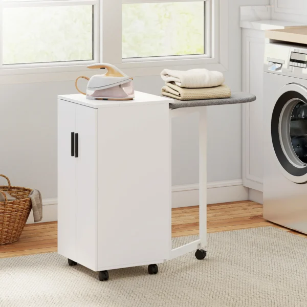 2 in 1 Opvouwbare Strijkplankkast Op Wielen Met Strijkplank En Verstelbaar Rek Voor Kleine Ruimtes, Wit