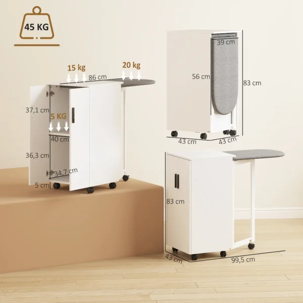 2 in 1 Opvouwbare Strijkplankkast Op Wielen Met Strijkplank En Verstelbaar Rek Voor Kleine Ruimtes, Wit