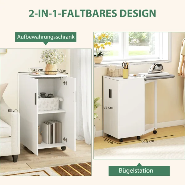 2 in 1 Opvouwbare Strijkplankkast Op Wielen Met Strijkplank En Verstelbaar Rek Voor Kleine Ruimtes, Wit