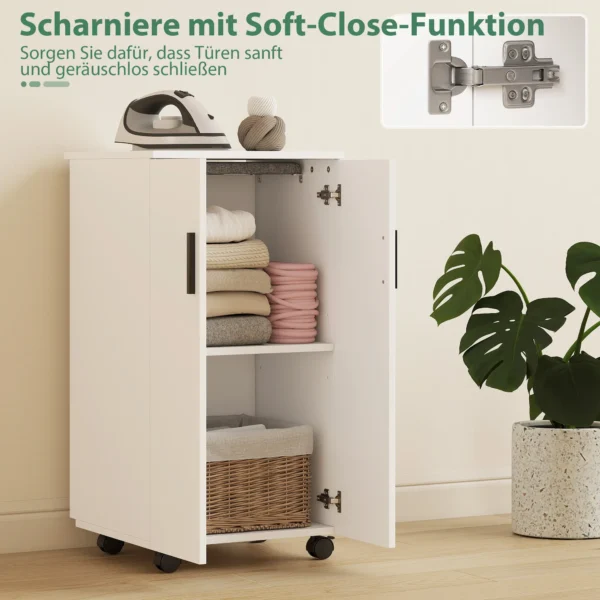 2 in 1 Opvouwbare Strijkplankkast Op Wielen Met Strijkplank En Verstelbaar Rek Voor Kleine Ruimtes, Wit