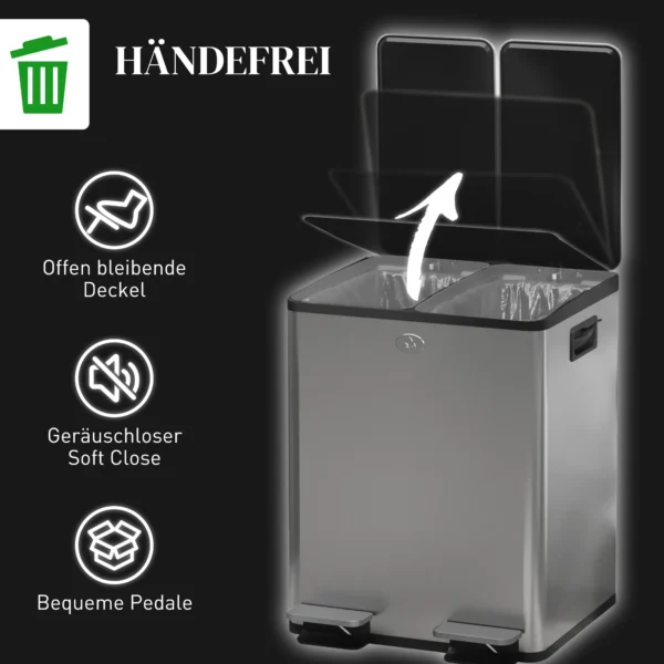 2 X 20 L Dubbele Vuilnisbak, Pedaalopening, Makkelijk Schoon Te Maken, Roestvrij Staal, Kunststof, Zilver