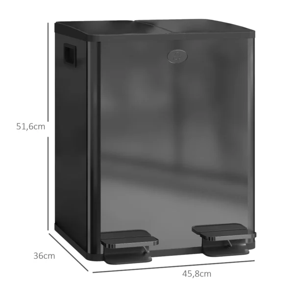 2 X 20 L Dubbele Vuilnisbak, Pedaalopening, Makkelijk Te Reinigen, Roestvrij Staal, Kunststof, Zwart