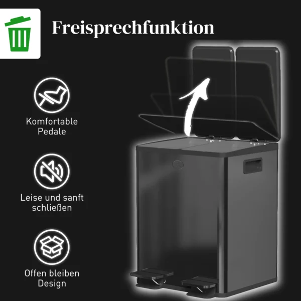 2 X 20 L Dubbele Vuilnisbak, Pedaalopening, Makkelijk Te Reinigen, Roestvrij Staal, Kunststof, Zwart