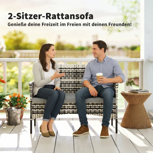 2 zits Rattan Tuinbank PE Rattan Outdoor Terrasbank Met Kussens, Anti slip Matten, Stalen Frame, Lichtgrijs