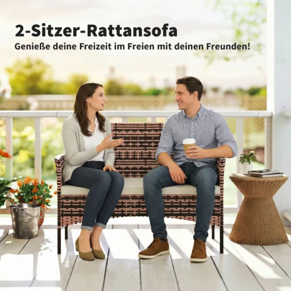 2 zits Rattan Tuinsofa PE Rattan Outdoor Terras Sofa Met Kussens, Anti Slip Matten, Stalen Frame, Khaki