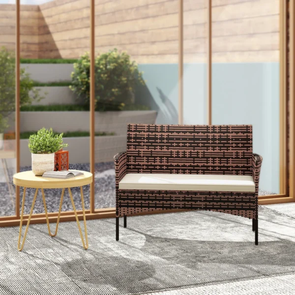 2 zits Rattan Tuinsofa PE Rattan Outdoor Terras Sofa Met Kussens, Anti Slip Matten, Stalen Frame, Khaki