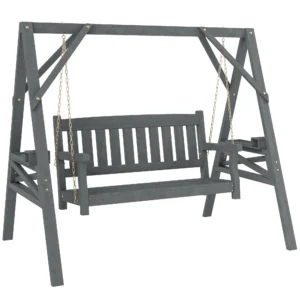 2 zits Tuinschommel, Houten Schommelbank Met Planken, Drankhouders En Metalen Kettingen, Grijs