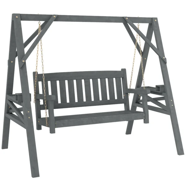 2 zits Tuinschommel, Houten Schommelbank Met Planken, Drankhouders En Metalen Kettingen, Grijs