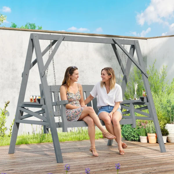 2 zits Tuinschommel, Houten Schommelbank Met Planken, Drankhouders En Metalen Kettingen, Grijs