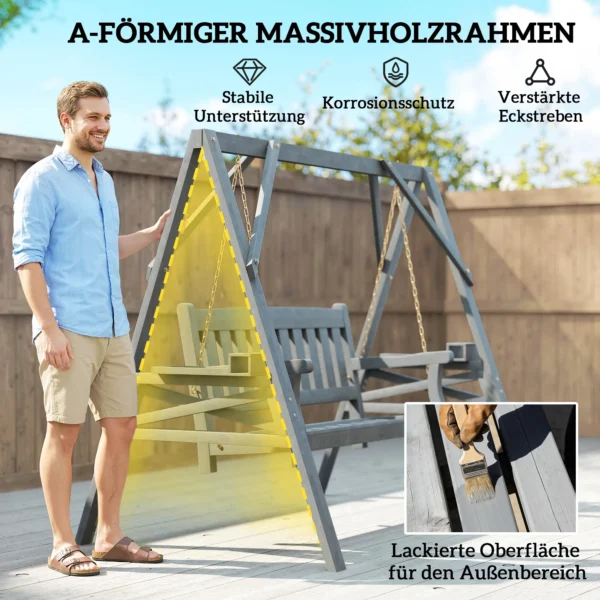 2 zits Tuinschommel, Houten Schommelbank Met Planken, Drankhouders En Metalen Kettingen, Grijs