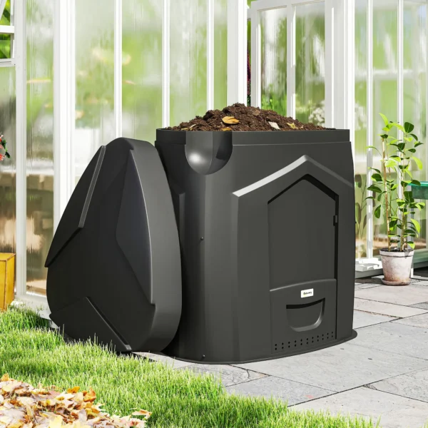 240L Tuincomposter, Driehoekige Compostbak Met 3 Deuren, Zwart