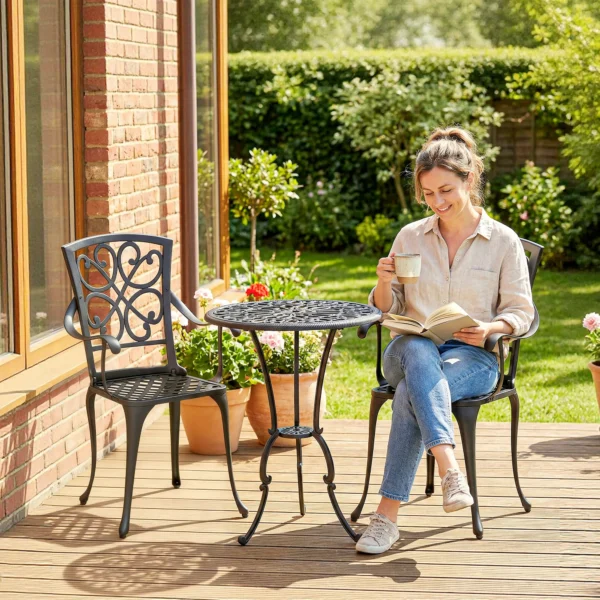 3 delig Tuin Bistro Set Ronde Bistrotisch Met 2 Stoelen Parasol Gat, Antiek Van Aluminiumgietwerk