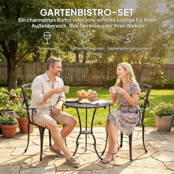3 delig Tuin Bistro Set Ronde Bistrotisch Met 2 Stoelen Parasol Gat, Antiek Van Aluminiumgietwerk