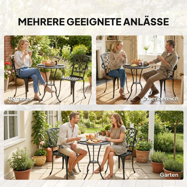 3 delig Tuin Bistro Set Ronde Bistrotisch Met 2 Stoelen Parasol Gat, Antiek Van Aluminiumgietwerk