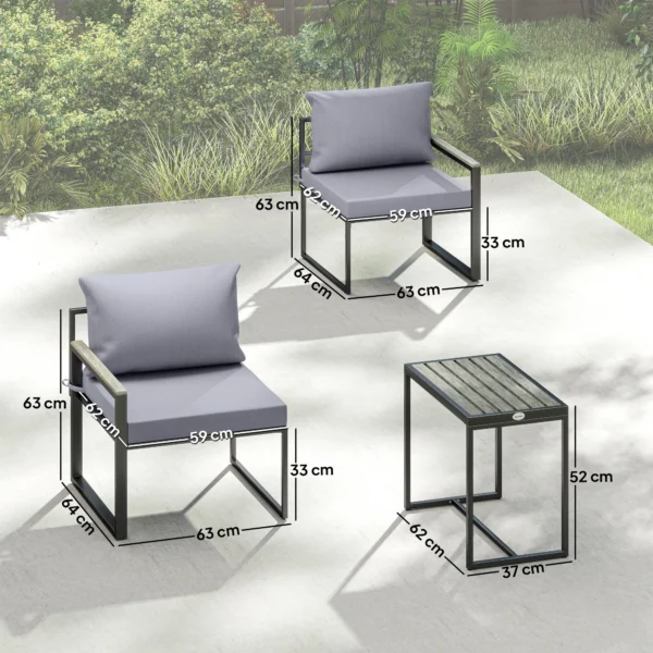 3 delige Balkonmeubelset 2 Stoelen Met Tafel Afneembare Zit & Rugkussens Ademende Hoes Grijs