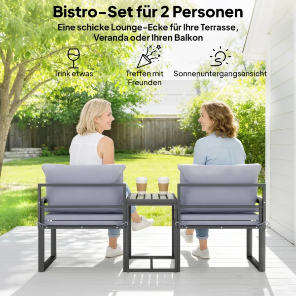 3 delige Balkonmeubelset 2 Stoelen Met Tafel Afneembare Zit & Rugkussens Ademende Hoes Grijs