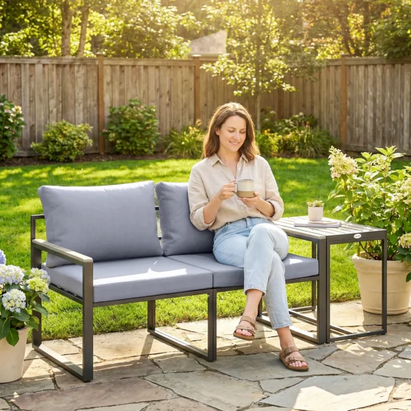 3 delige Balkonmeubelset 2 Stoelen Met Tafel Afneembare Zit & Rugkussens Ademende Hoes Grijs
