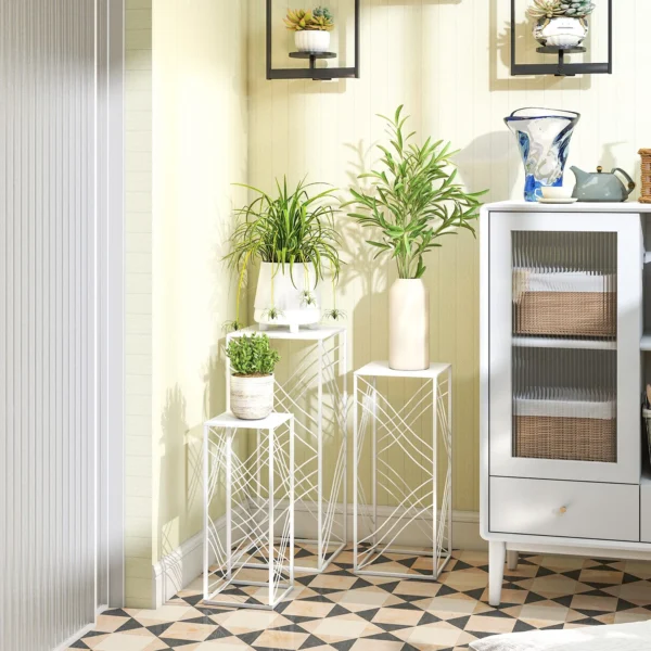 3 delige Plantenstandaard Set, 50/60/70 Cm Hoge Bloemenstandaard, Stapelbaar Plantenrek Van Metaal Wit