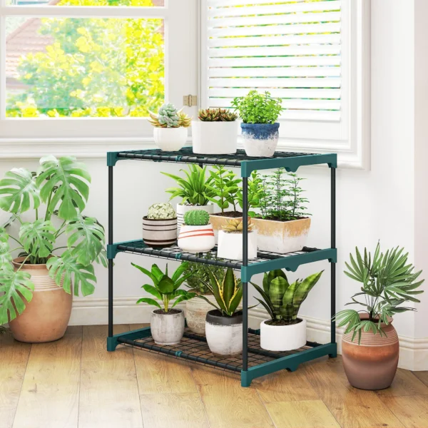 3 laags Plantenstandaard, 72 Cm Hoog Bloemenstandaard Voor Binnen Buiten, Plantenrek Van Staal Donkergroen