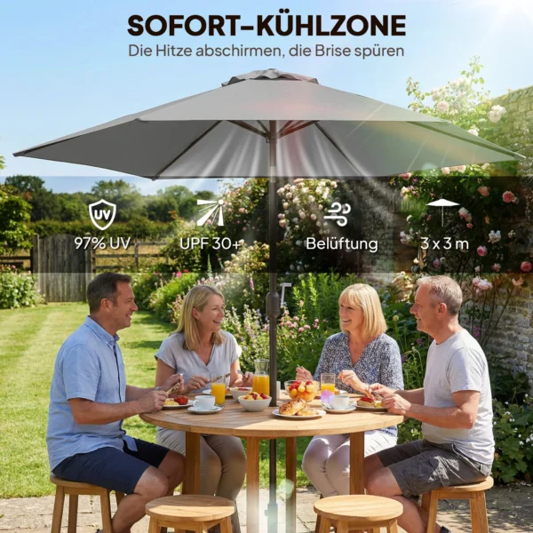 3 M Parasol Met Beschermhoes, Outdoor Markt Parasol Met Kantelfunctie En Kruk, Windopening, Grijs