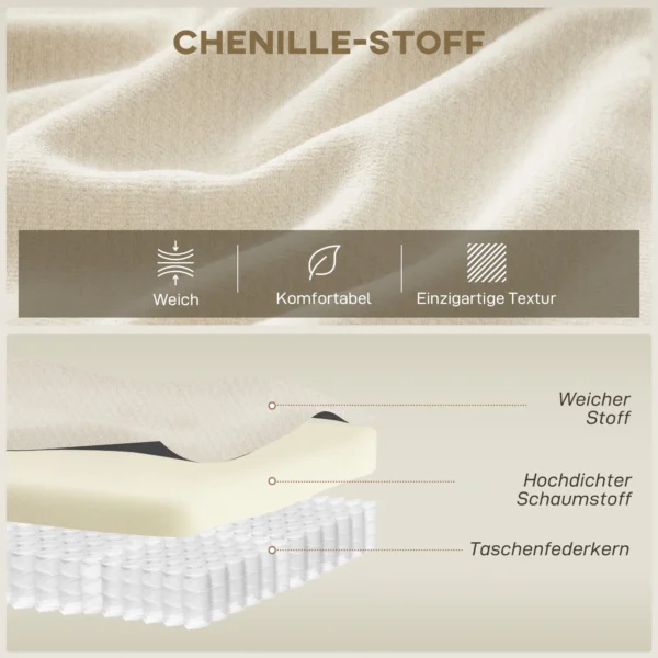 3 zitsbank, 260 Cm Chenille Bank Met Brede Zitting, Veringvulling, Hoogdicht Schuim, 3 Kussens, Crèmewit