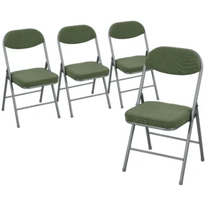 4 delige Set Gevoerde Klapstoelen, Opvouwbare Stoelen Met Koordbekleding, Rugleuning, Metalen Frame, Groen