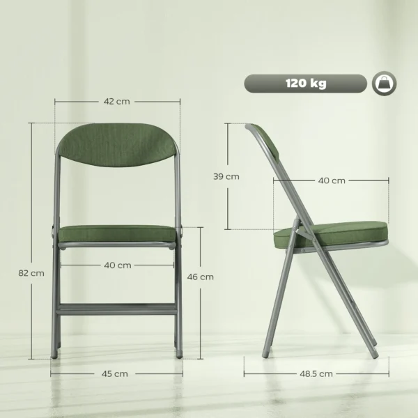 4 delige Set Gevoerde Klapstoelen, Opvouwbare Stoelen Met Koordbekleding, Rugleuning, Metalen Frame, Groen