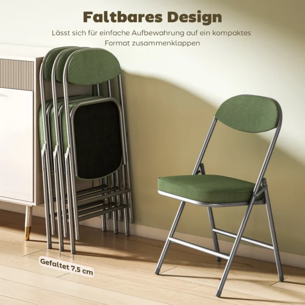 4 delige Set Gevoerde Klapstoelen, Opvouwbare Stoelen Met Koordbekleding, Rugleuning, Metalen Frame, Groen