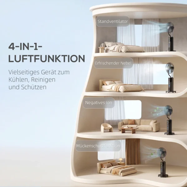 4 in 1 Staande Ventilator Met Waternevel Luchtreiniger Muggenbescherming 9 uurs Timer 3 Modi Afstandsbediening Zwart