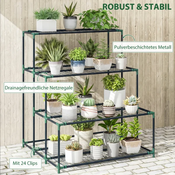 4 laags Plantenstandaard, 110 Cm Hoog Bloemenstandaard Met 24 Clips, Stalen Plantenrek Donkergroen