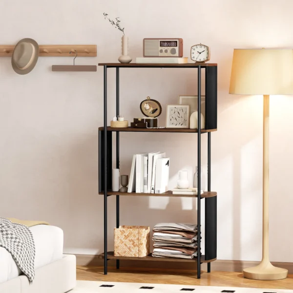 4 laags Rek, Vrijstaand Rek Met Gebogen Ontwerp, Industrieel Boekenrek, Bruine Houtlook