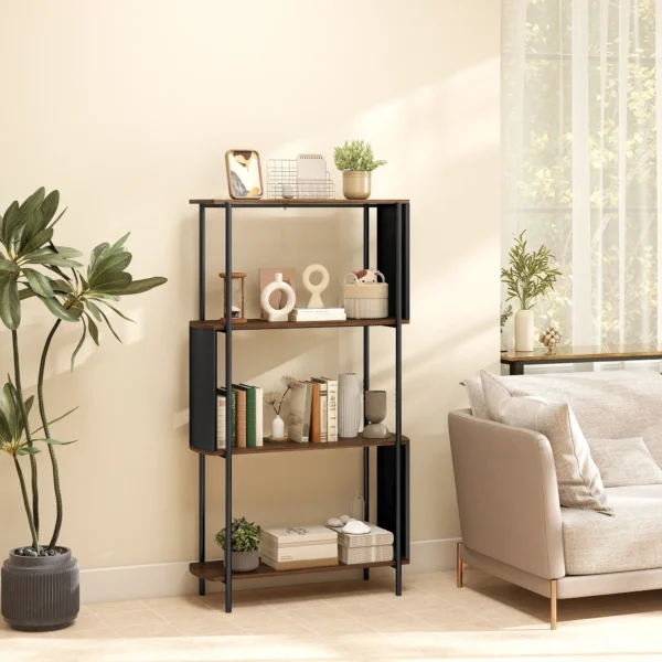 4 laags Rek, Vrijstaand Rek Met Gebogen Ontwerp, Industrieel Boekenrek, Bruine Houtlook