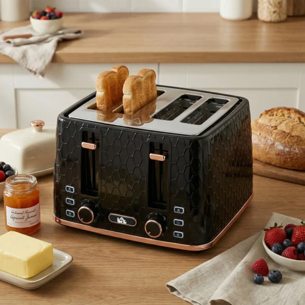 4 Sneetjes Broodrooster Met 7 Bruiningsniveaus, High Lift, Opwarmen/Ontdooien/Annuleren, 1860W, Zwart Met Honingraatstructuur