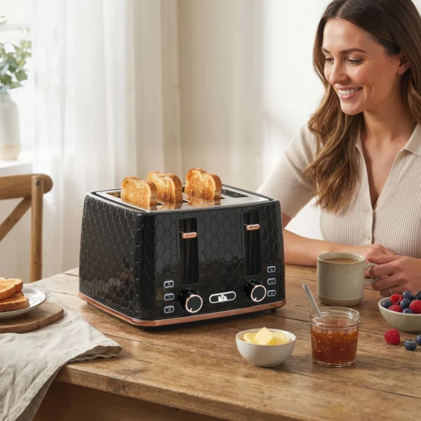 4 Sneetjes Broodrooster Met 7 Bruiningsniveaus, High Lift, Opwarmen/Ontdooien/Annuleren, 1860W, Zwart Met Honingraatstructuur